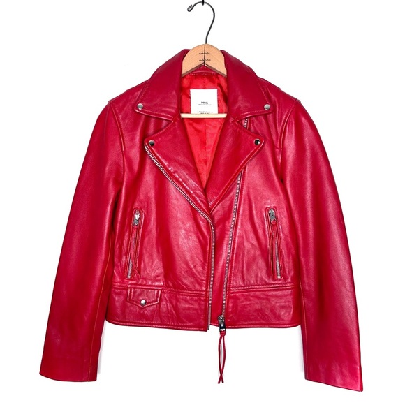 Mango | Red Leather Moto Jacket Size XS - Picture 1 of 8